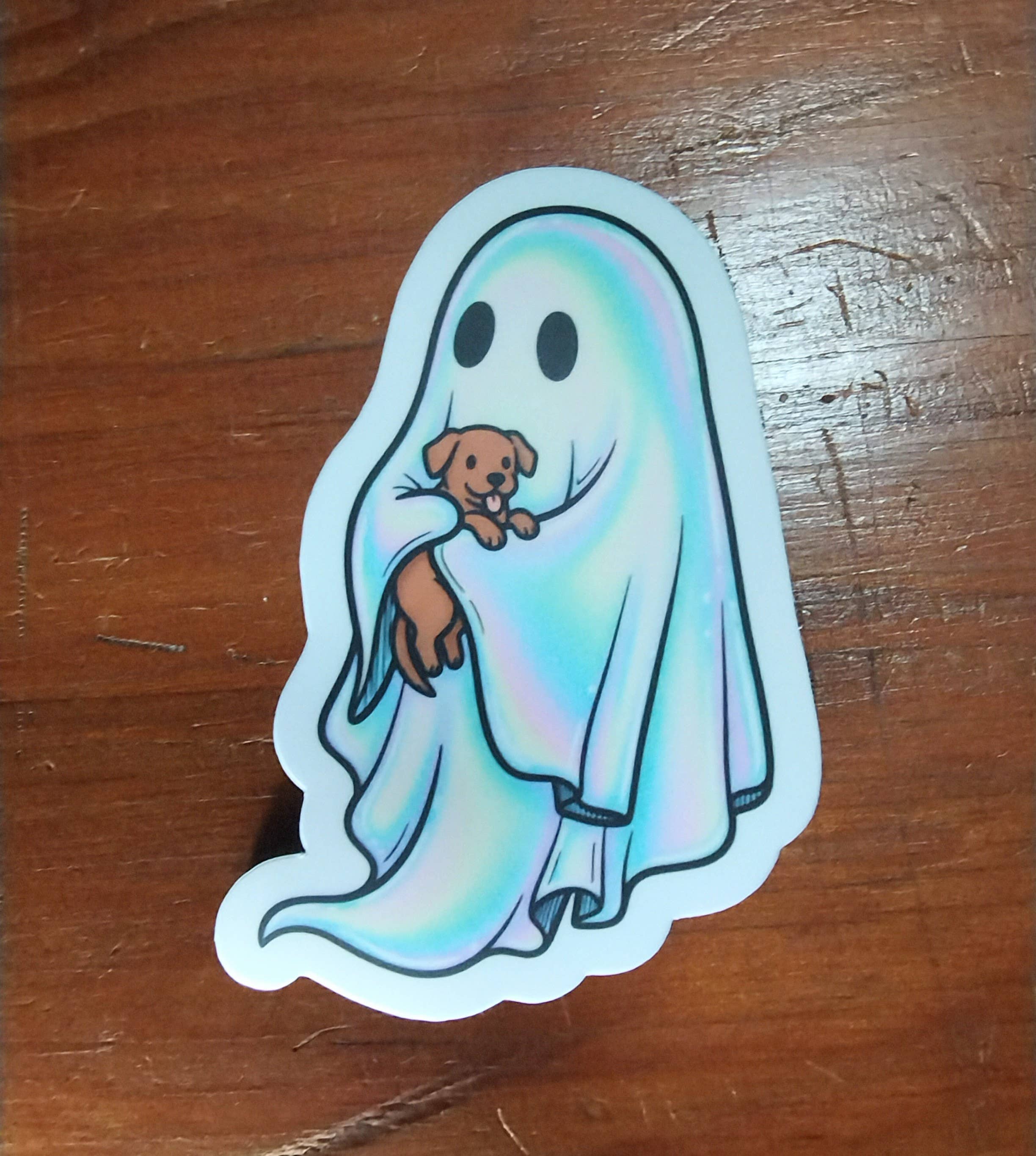 Cute Colorful Ghost with a Dog Sticker, Halloween Spooky
